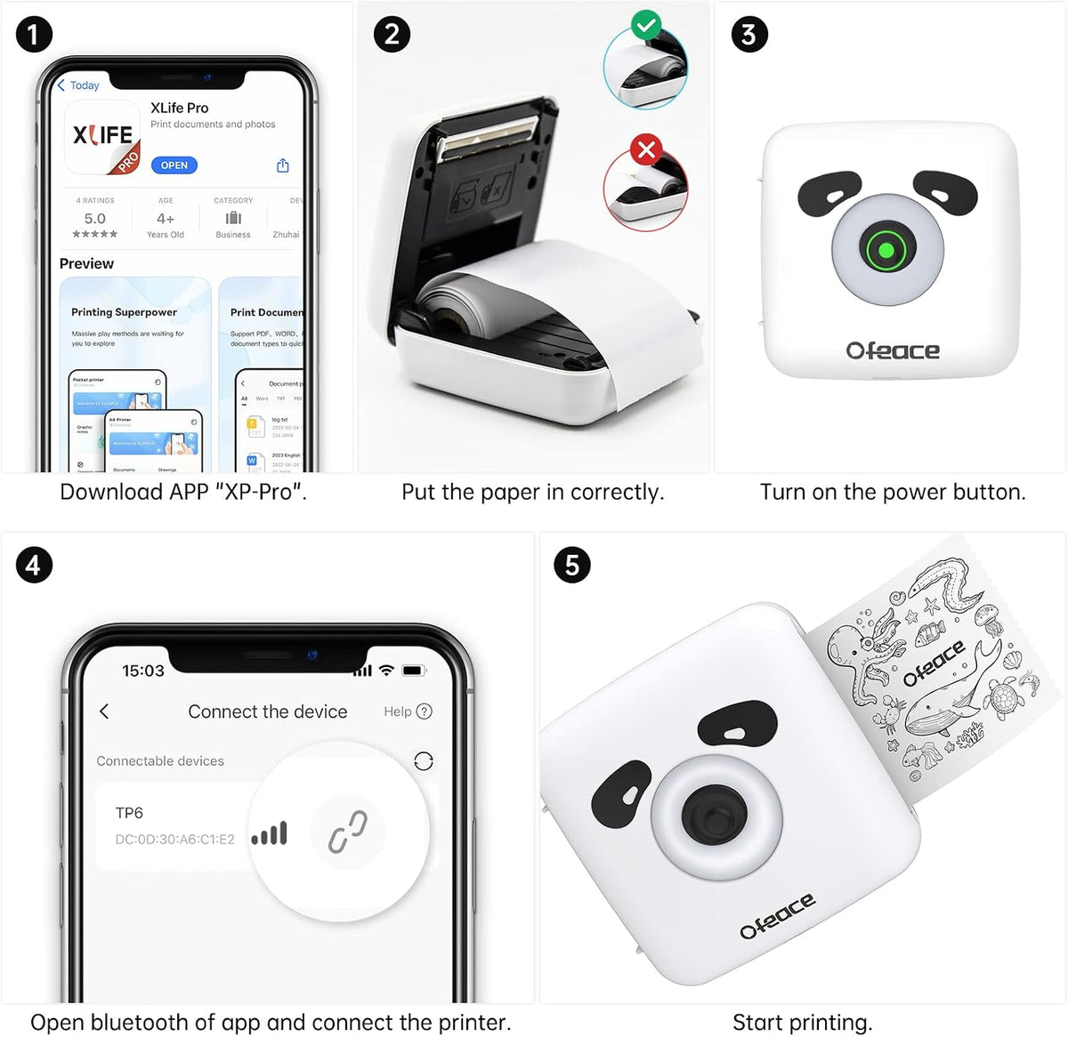 Portable Thermal Printer TP6S for Iphone and Android Phone, 300DPI Wireless Bluetooth Small Thermal Inkless Mini Sticker Printer for Pictures, Travel, Label, DIY, Kids Gifts