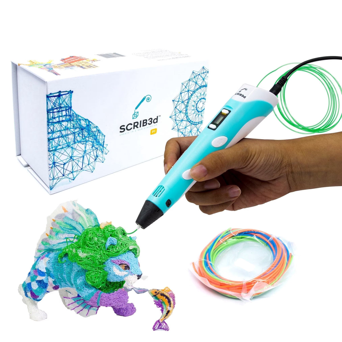 P1 3D Printing Pen with Display - Includes 3D Pen, 3 Starter Colors of PLA Filament, Stencil Book + Project Guide, and Charger